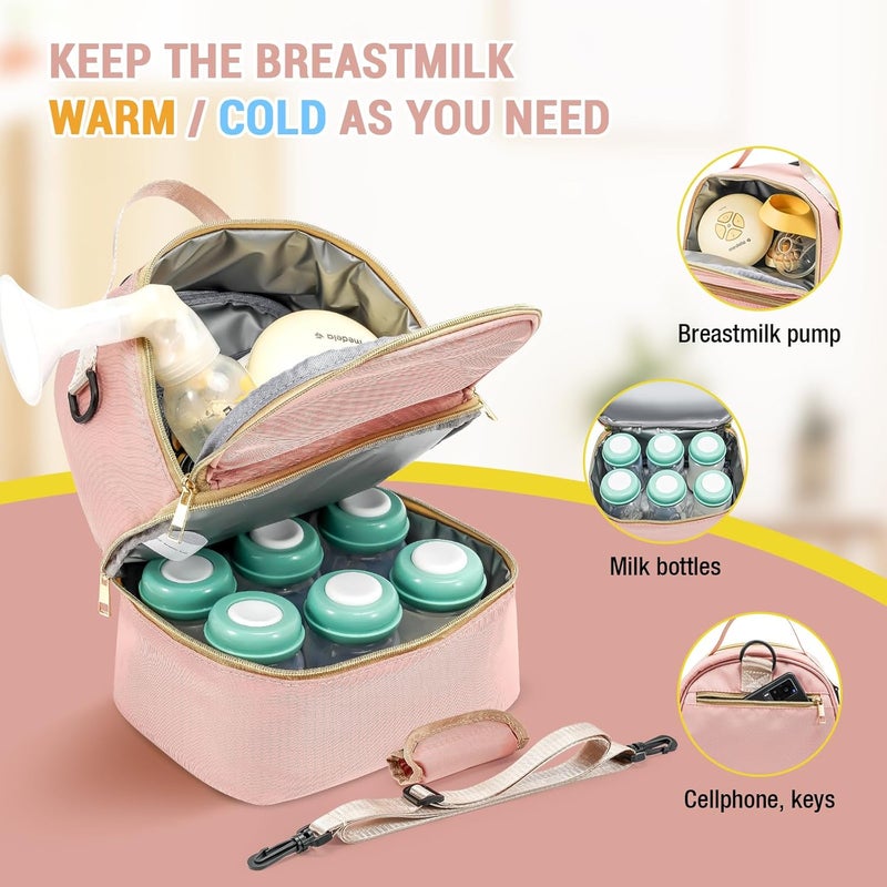 Procase Breast Pump Bag, Double Layer Breastmilk Pump Backpack Breast Milk Carrier for Breastfeeding Nursing Mom Work, Travel, Daycare -Pink - Image 2
